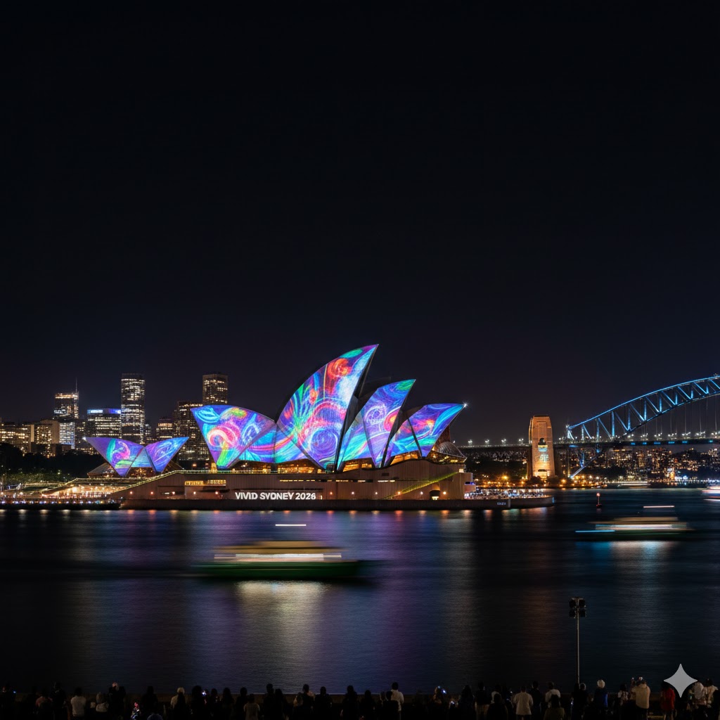 Sydney Opera House glowing in colorful lights during Vivid Sydney Festival 2026