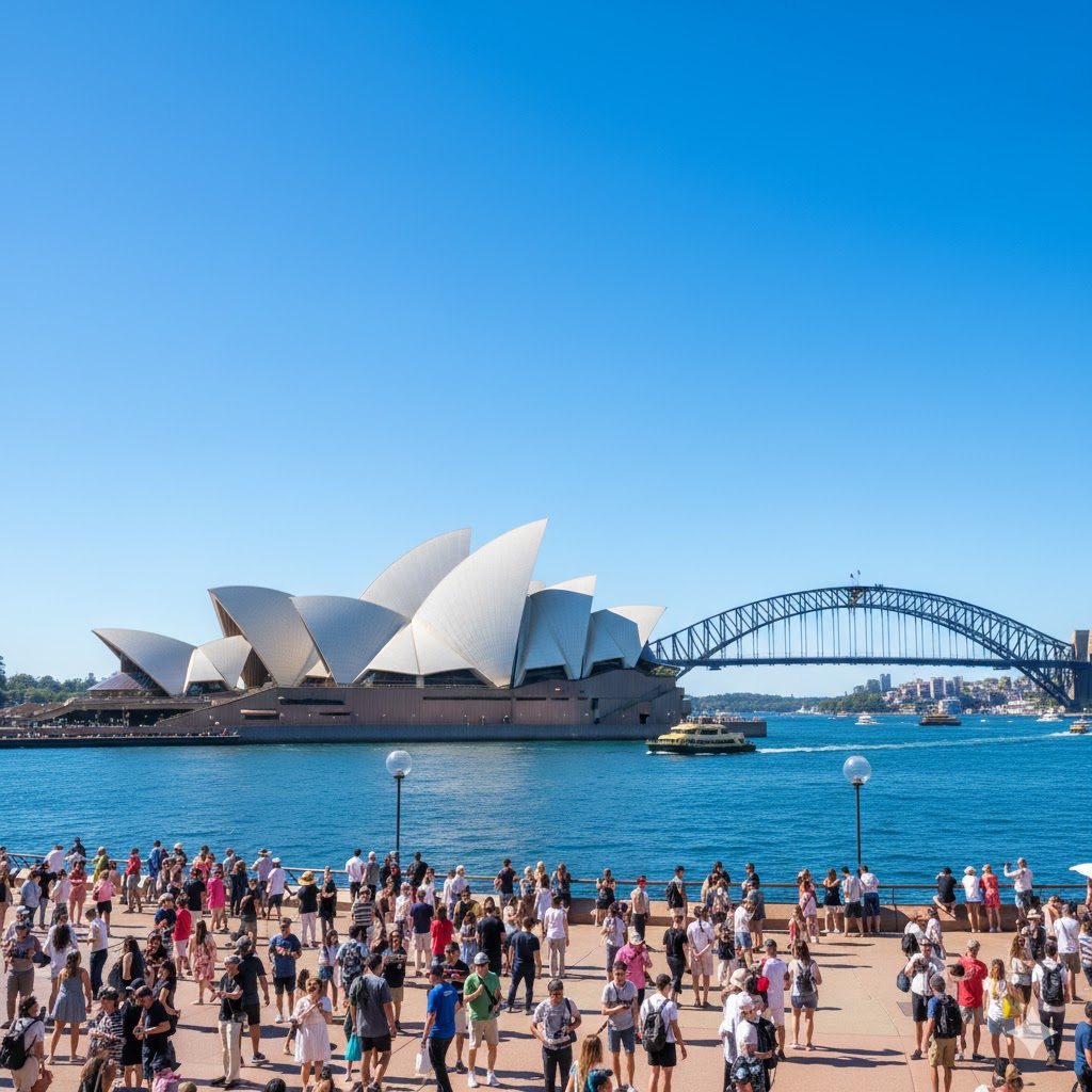 Sydney Opera House with bright blue sky and summer crowds near the harbor