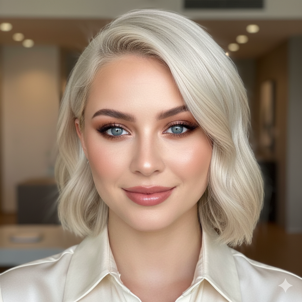 Sydney Sweeney’s platinum bob and soft glam makeup