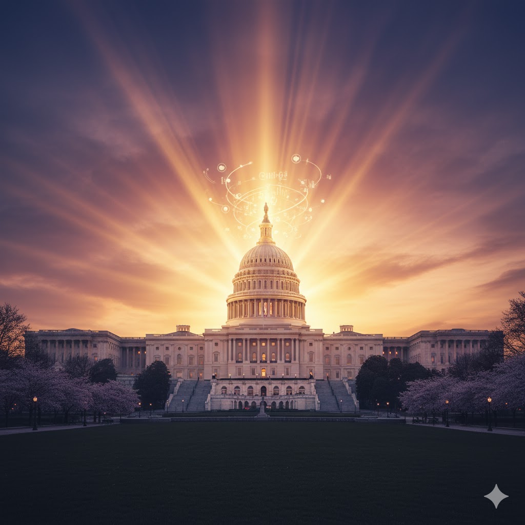 Symbolic sunrise over Capitol Hill representing reform and stability after shutdown