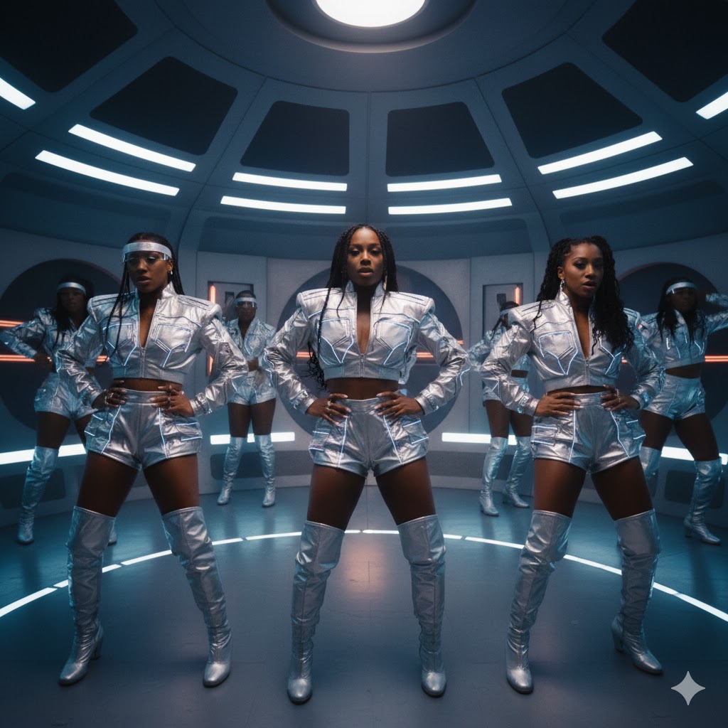 TLC in silver futuristic outfits from No Scrubs music video