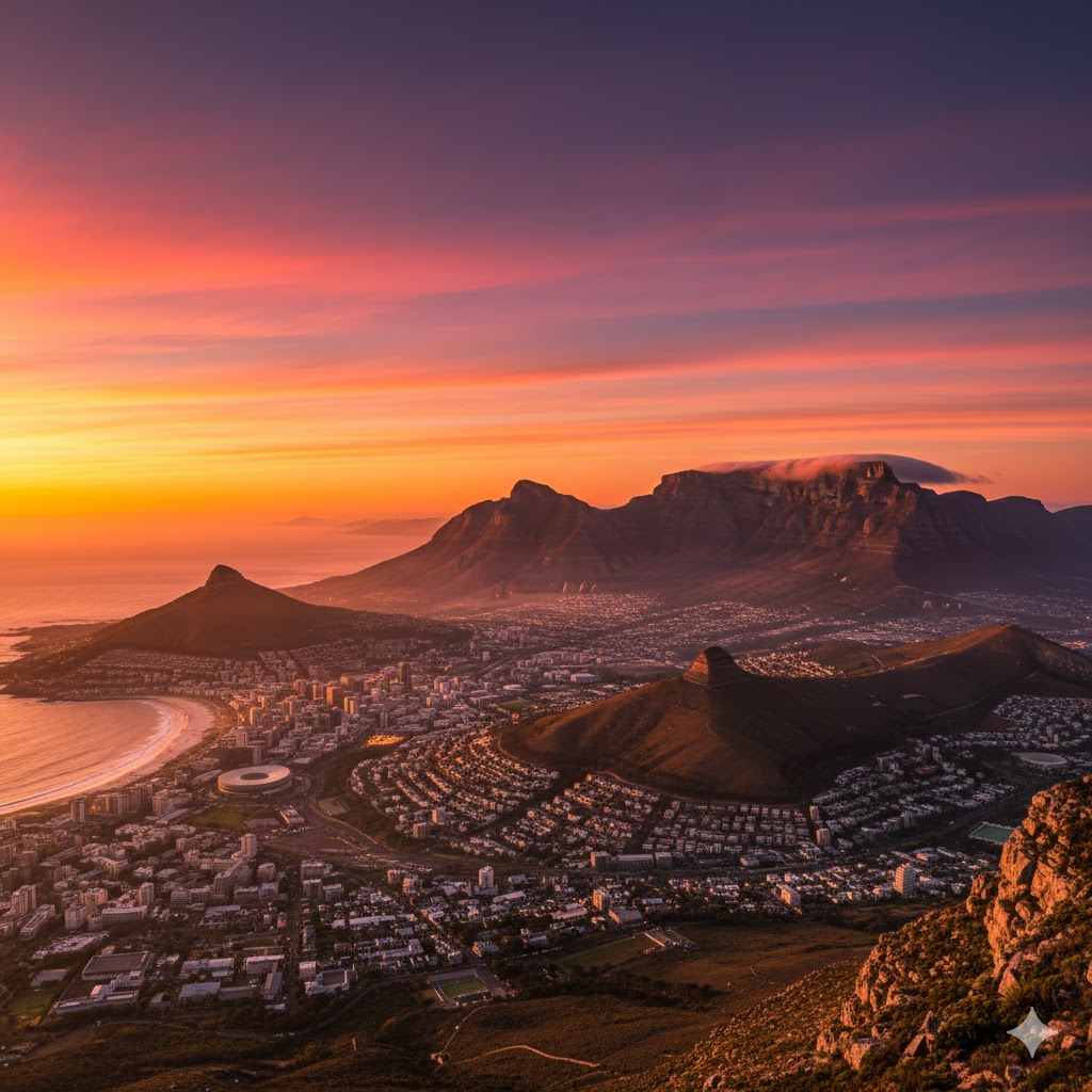 Table Mountain overlooking Cape Town and coastline at sunset, South Africa