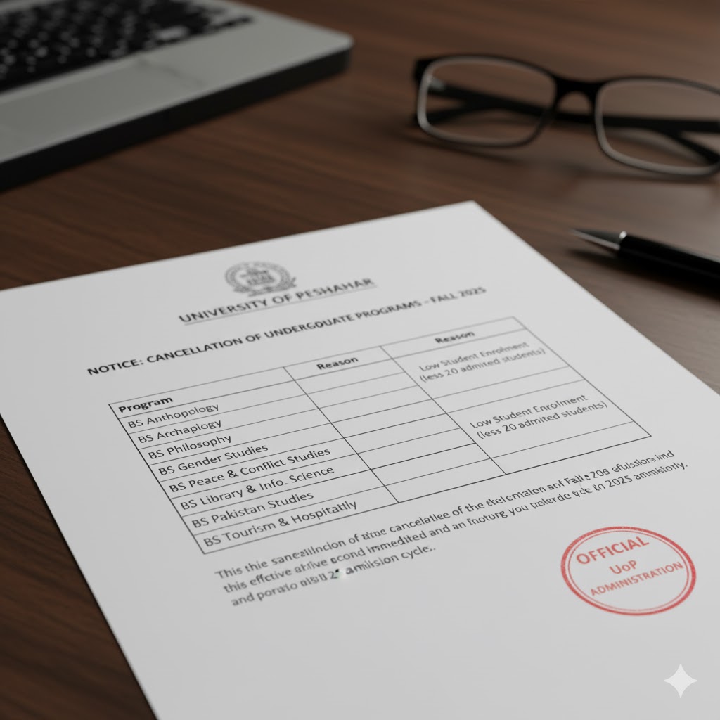 Table showing nine University of Peshawar BS programs canceled for Fall 2025 due to low student enrollment.