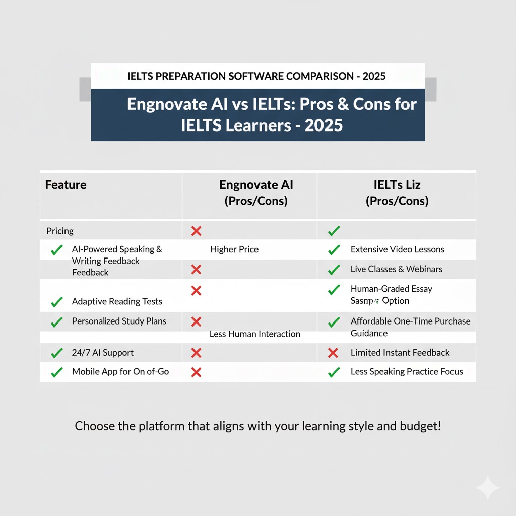 Table showing pros and cons of Engnovate and IELTS Liz for IELTS learners