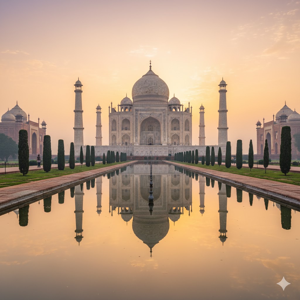Taj Mahal reflected in Yamuna River under soft sunrise light