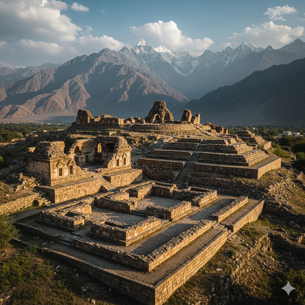 Takht-i-Bahi monastery ruins with mountain backdrop