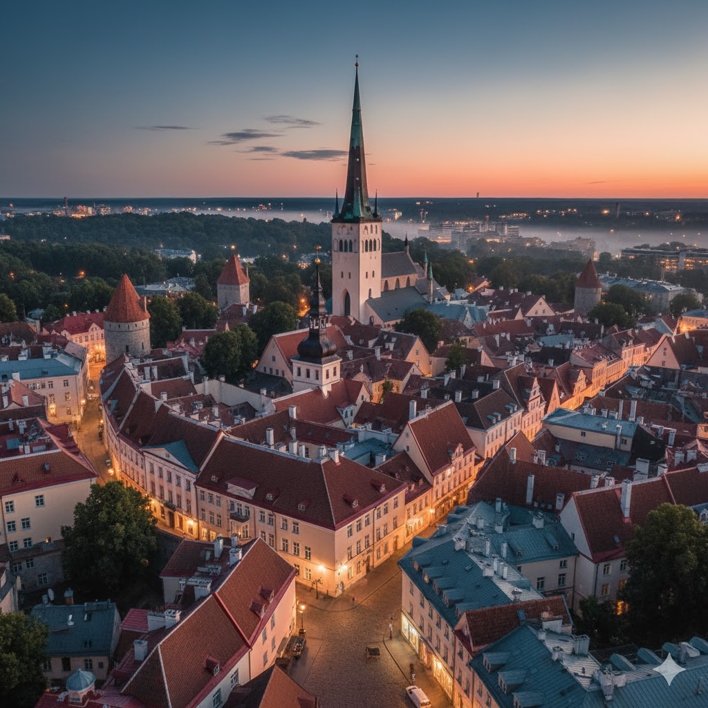 Tallinn Old Town rooftops and church spire at dusk, Estonia
