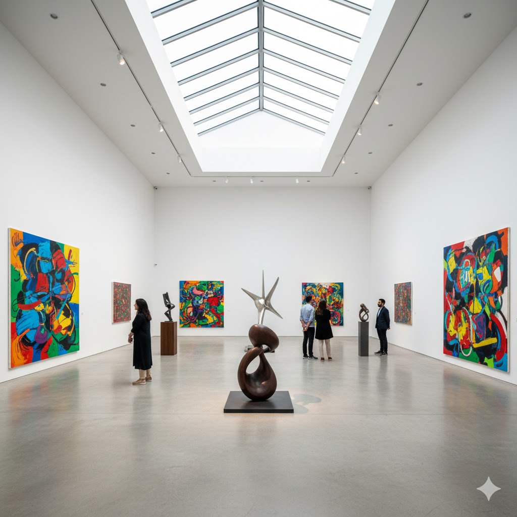Taseer Art Gallery Lahore showcasing colorful abstract art pieces and modern sculptures in a minimalist hall