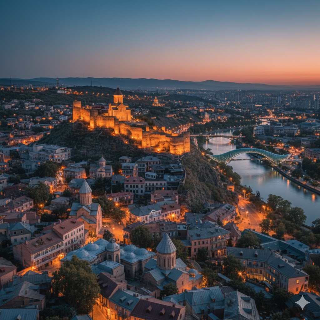 Tbilisi old town rooftops and Narikala Fortress above city