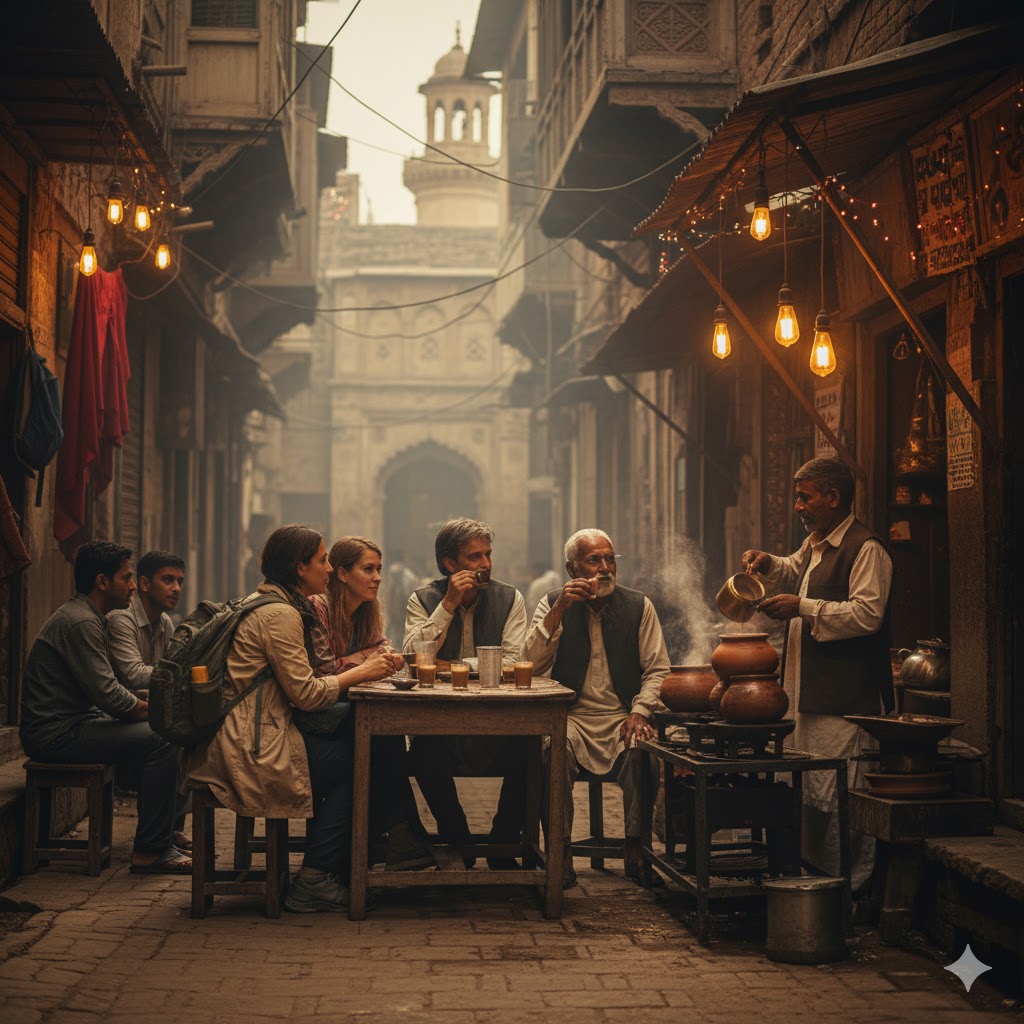 Tea stall near Lahore shrine with travelers listening to local stories.