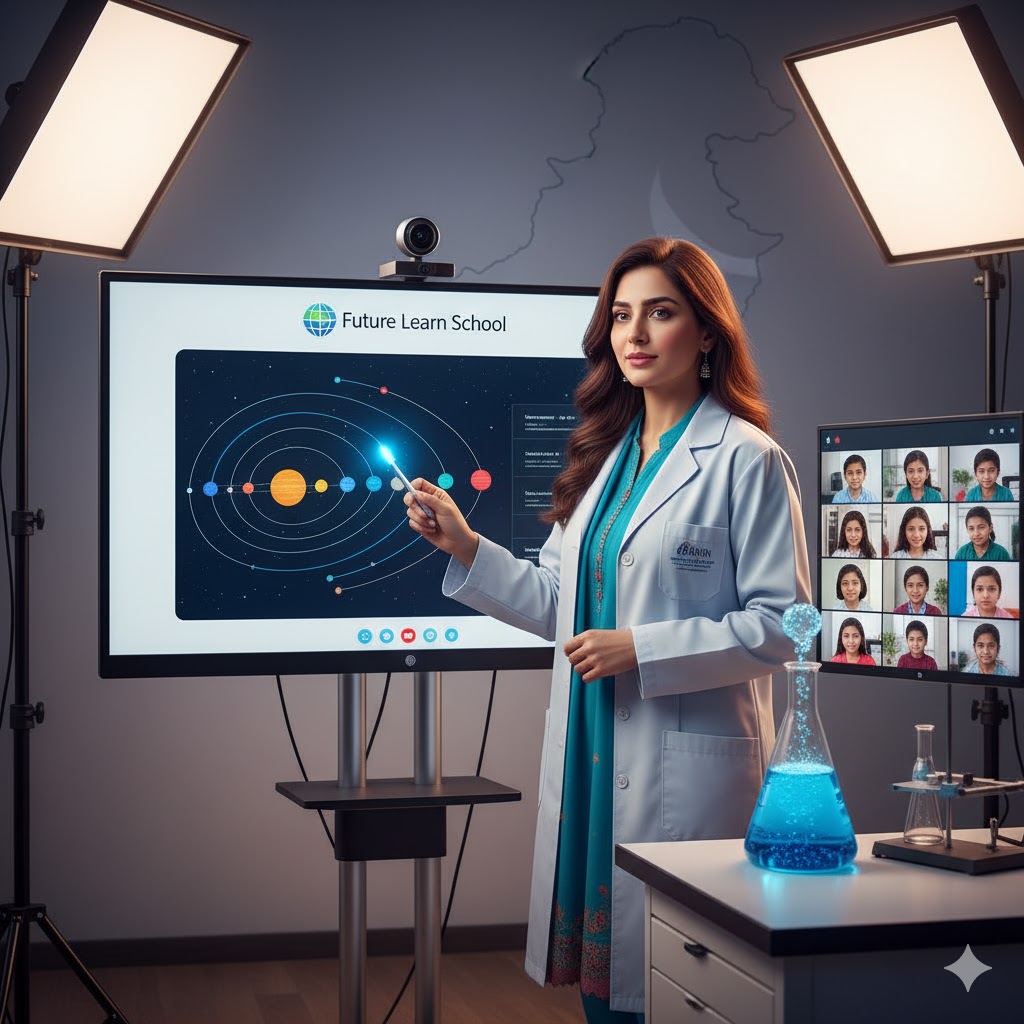 Teacher conducting an online science class for Future Learn School.