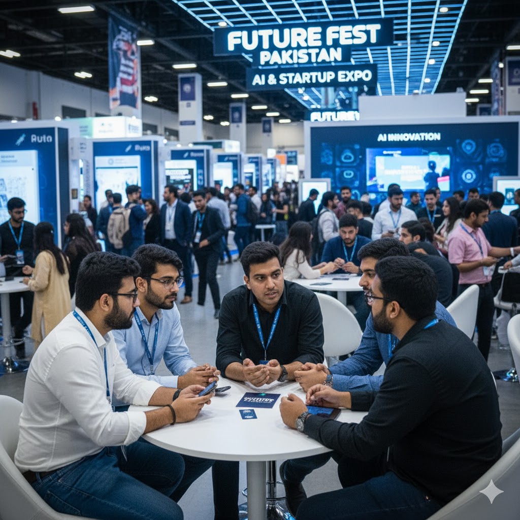 Tech entrepreneurs networking during Future Fest Pakistan exhibition