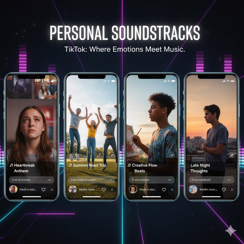 Teens expressing emotion through TikTok clips featuring personal soundtracks