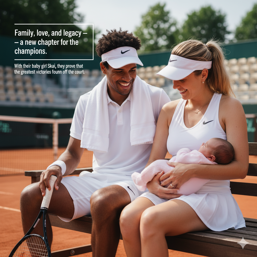 Tennis champions Gael Monfils and Elina Svitolina hold their baby girl Skai