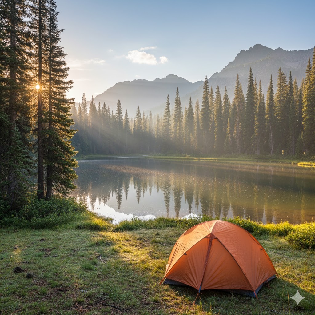 Tent beside Rainbow Lake with sunlight breaking through pine trees
