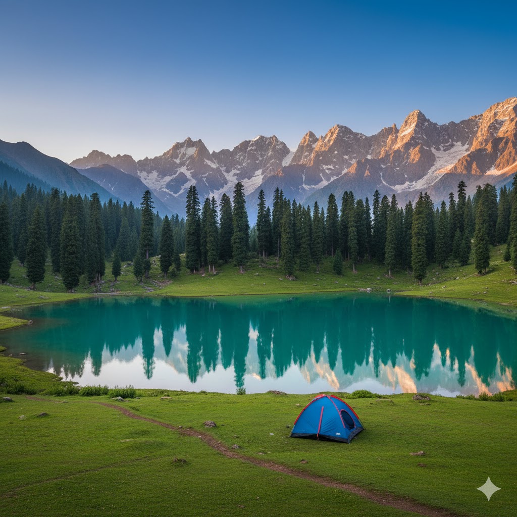 Tent near turquoise Rainbow Lake with pine forest backdrop in Minimarg Valley.