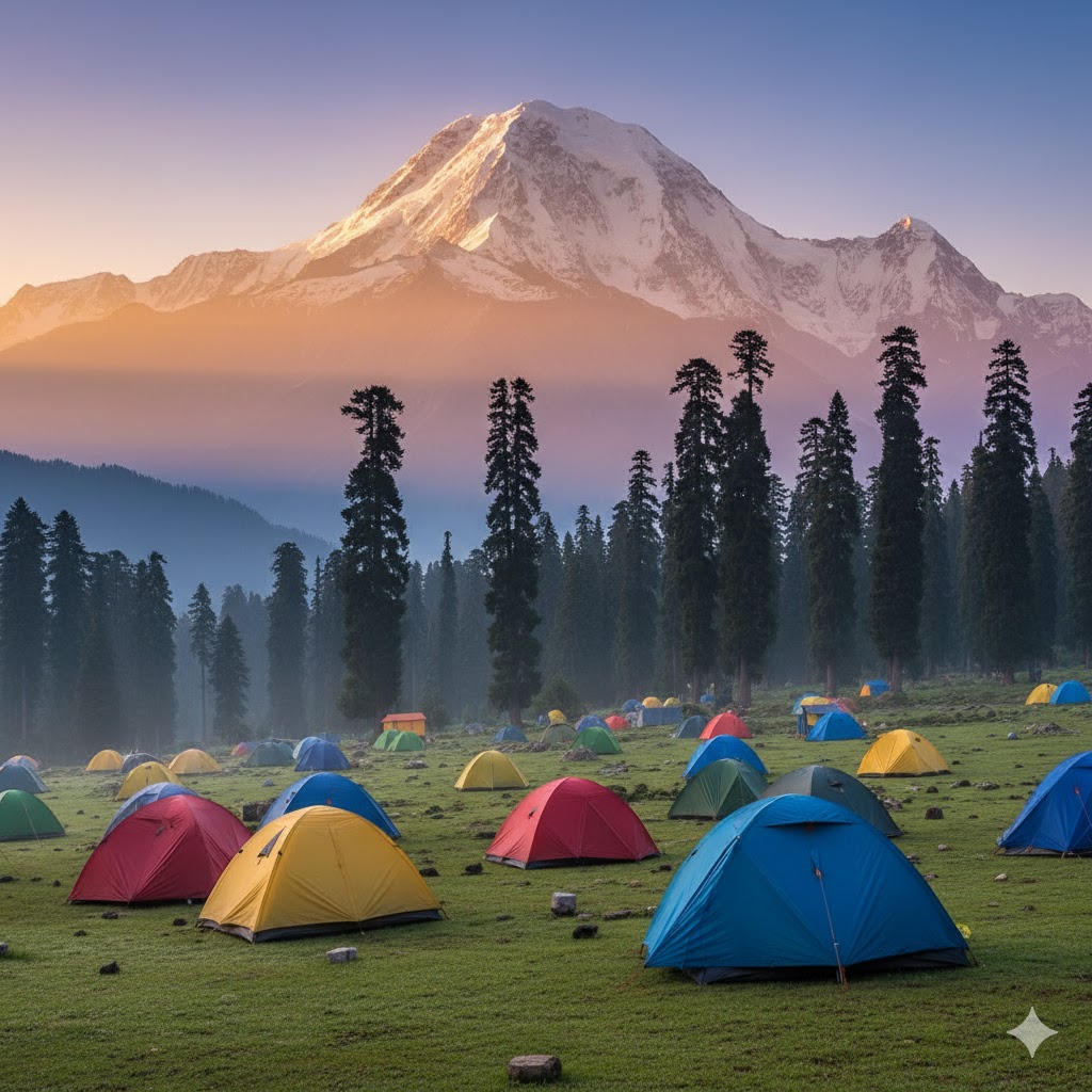 Tents set on green meadow with Nanga Parbat glowing in sunrise behind pine trees