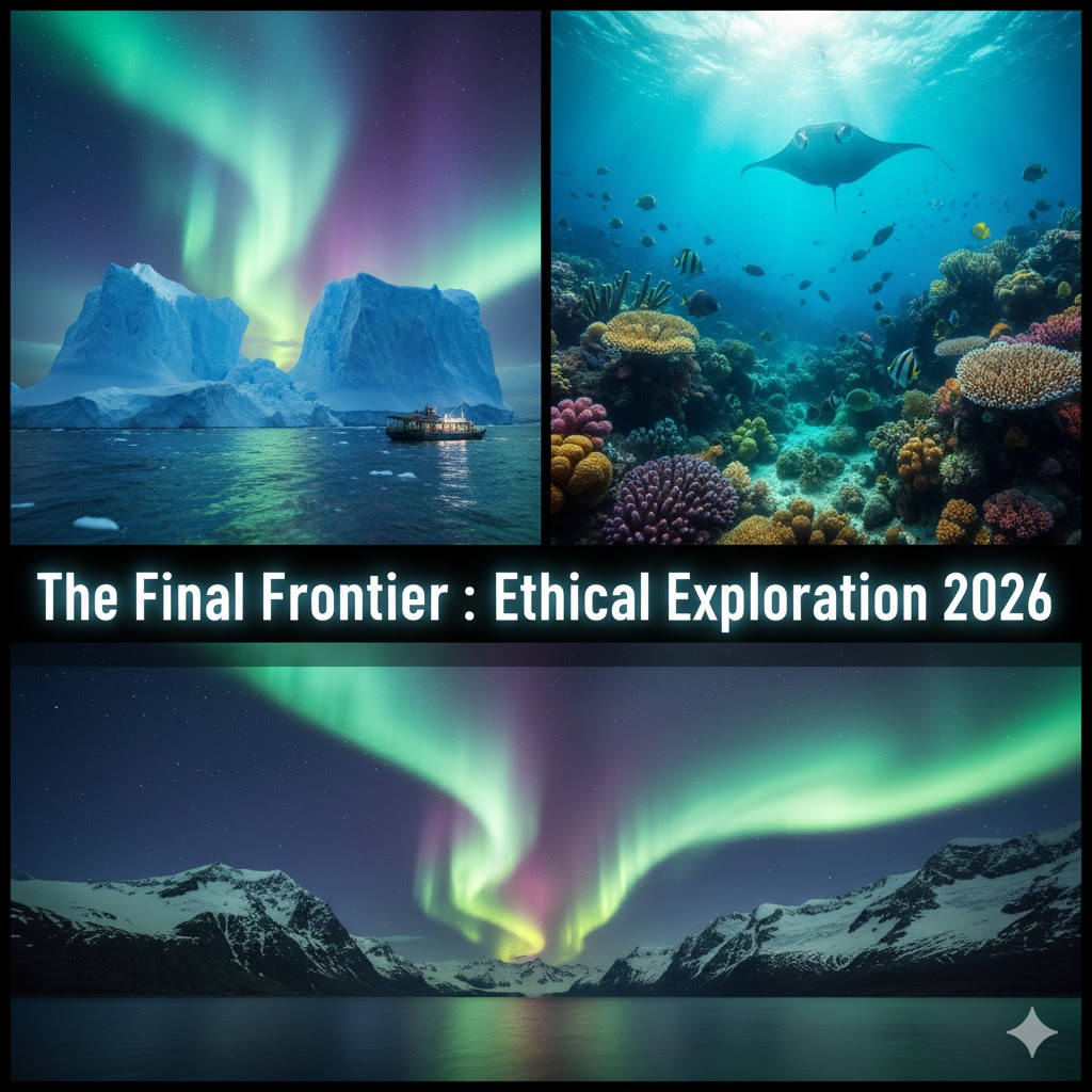 Antarctica icebergs, Pacific coral reefs, and Greenland fjords under a glowing aurora, with the bold text 'The Final Frontier: Ethical Exploration 2026