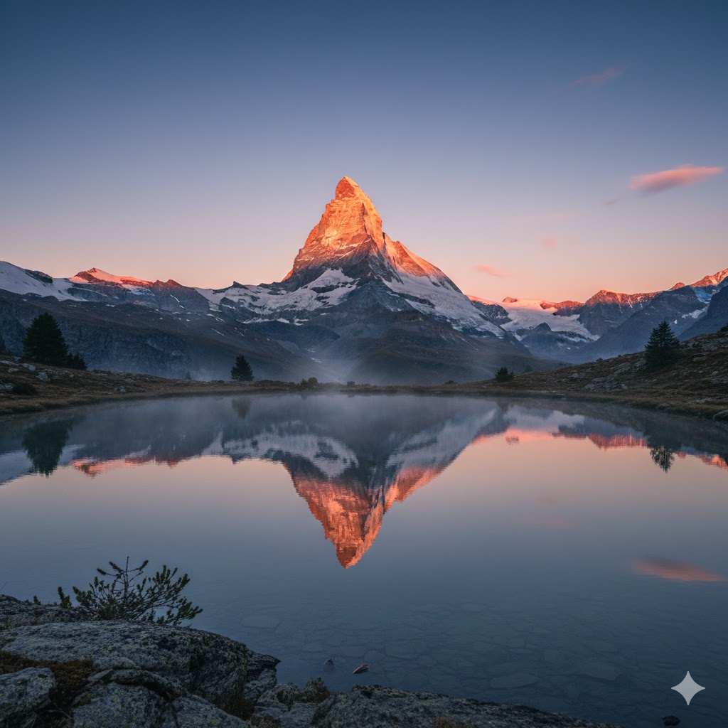 The Matterhorn reflected in clear alpine lake under sunrise, Switzerland.
