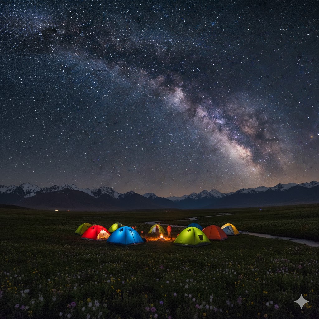 The Milky Way galaxy above glowing tents in Deosai National Park on a clear summer night. The Milky Way galaxy above glowing tents in Deosai National Park on a clear summer night.