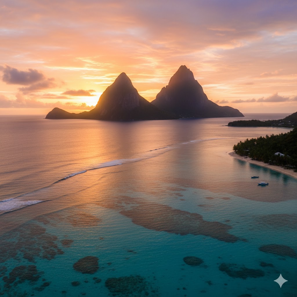 The Pitons rising above clear Caribbean waters under golden sunset, Saint Lucia