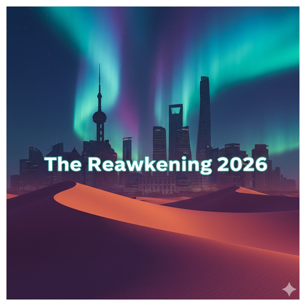 sand dunes blending into the Shanghai skyline, with aurora-style color filters and the headline "The Reawakening 2026"
