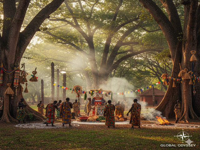 Voodoo priests preparing for the Ouidah festival