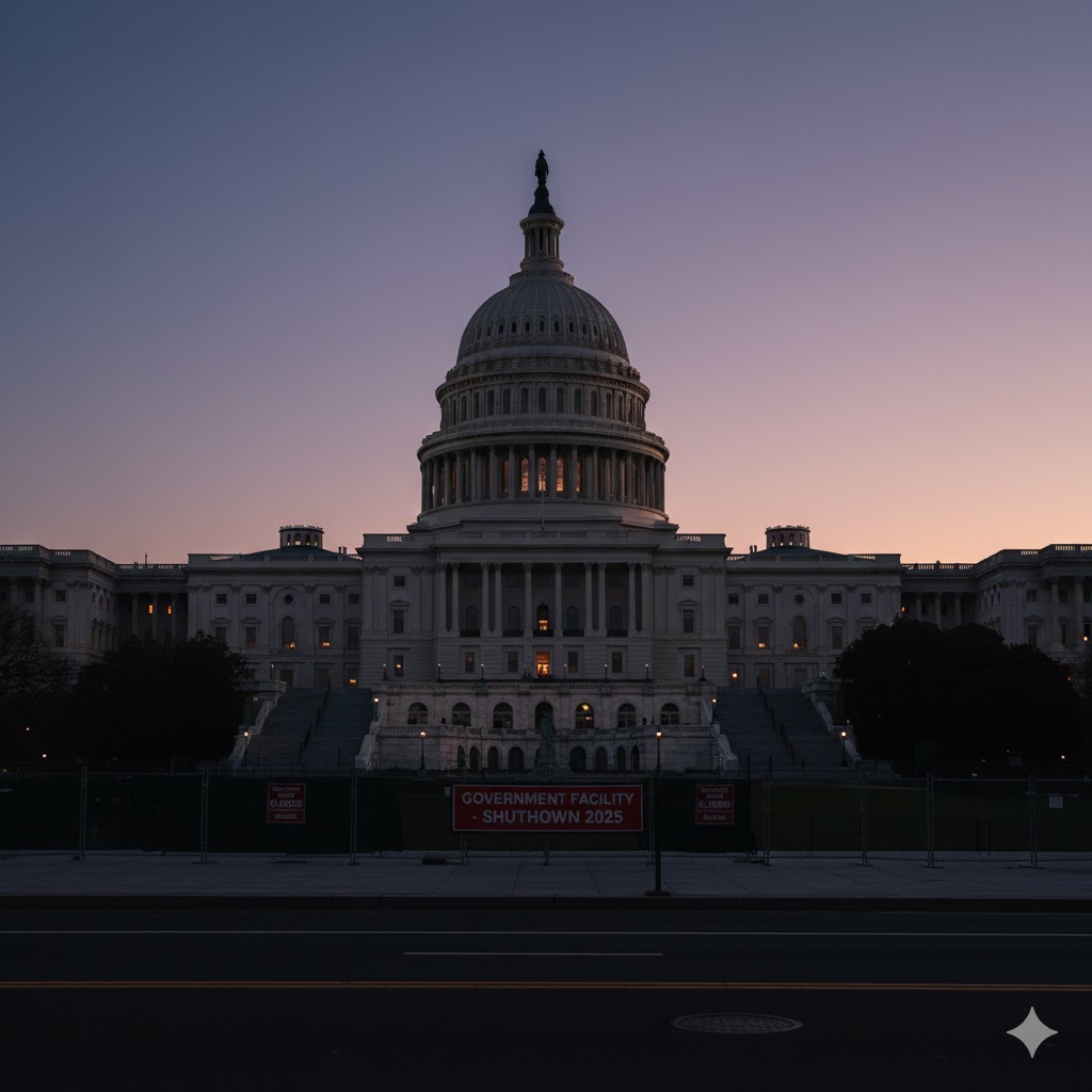 The U.S. Capitol during a government shutdown at dusk 2025