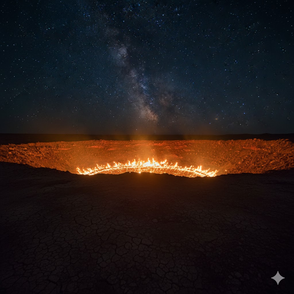 The blazing “Door to Hell” gas crater glowing against the Turkmen desert night sky. The blazing “Door to Hell” gas crater glowing against the Turkmen desert night sky.