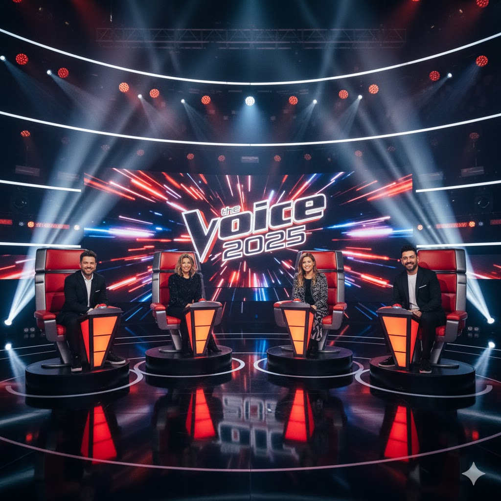 The four Voice Australia 2025 coaches smiling together behind the iconic red chairs. The four Voice Australia 2025 coaches smiling together behind the iconic red chairs.