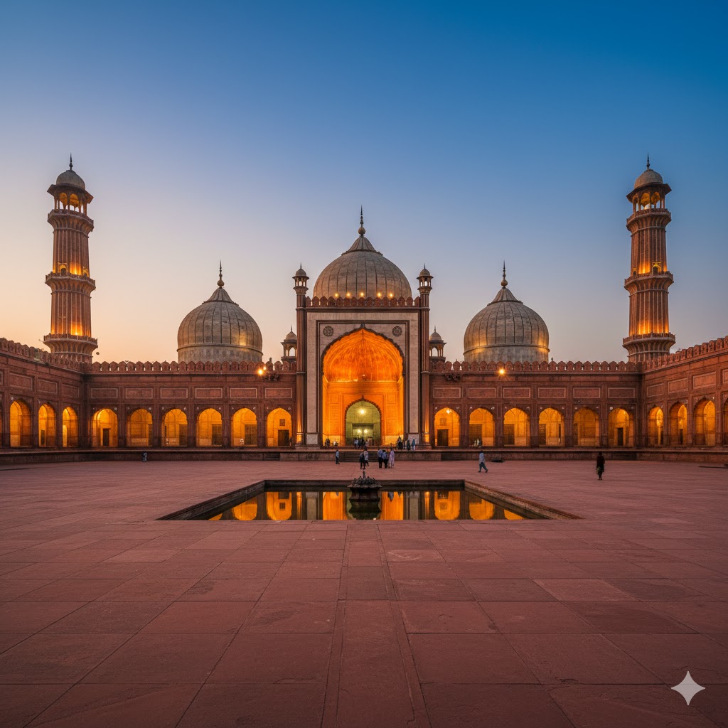 The grand Badshahi Mosque courtyard with evening illumination in Lahore