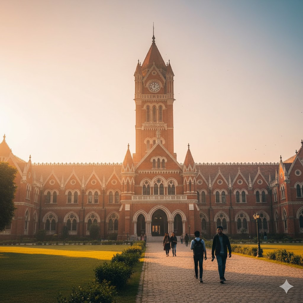 The red-brick façade of Government College University glowing under morning light