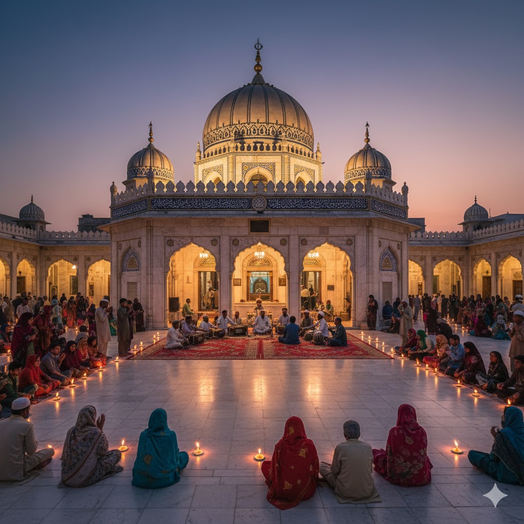The serene Sachal Sarmast Shrine in Daraza Sharif, with devotees lighting candles during evening qawwali.