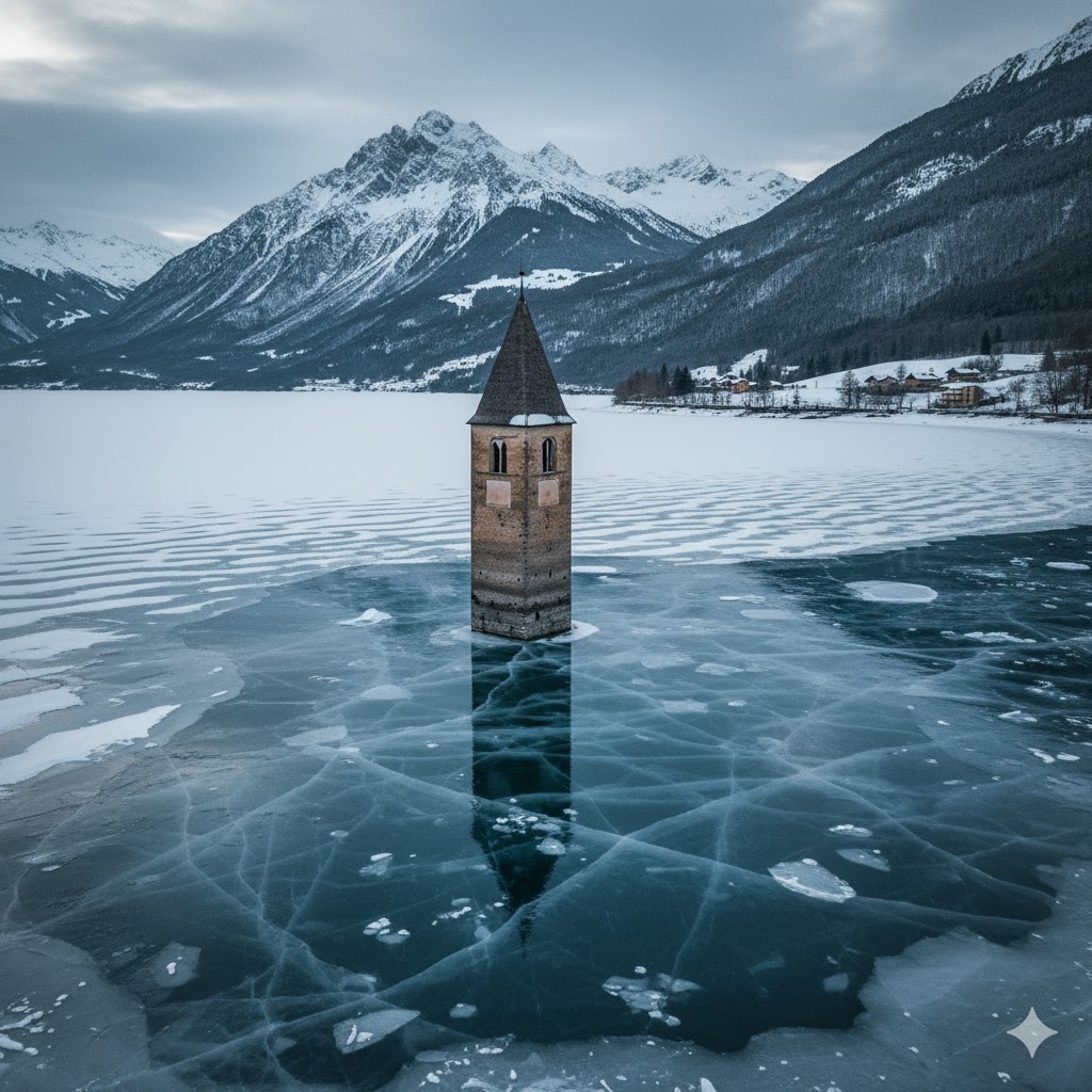  The sunken bell tower of Lake Resia rising through icy blue water in northern Italy. 
