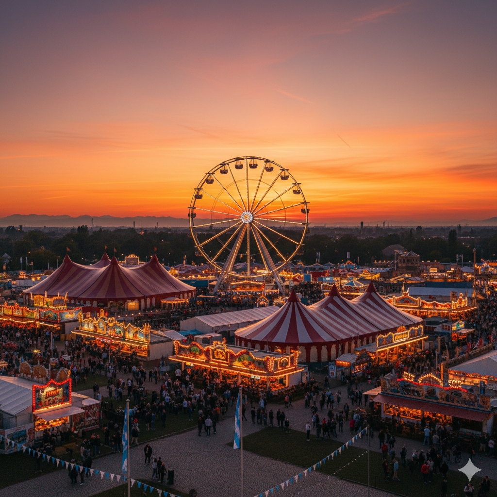 Theresienwiese Oktoberfest 2026 fairground at sunset