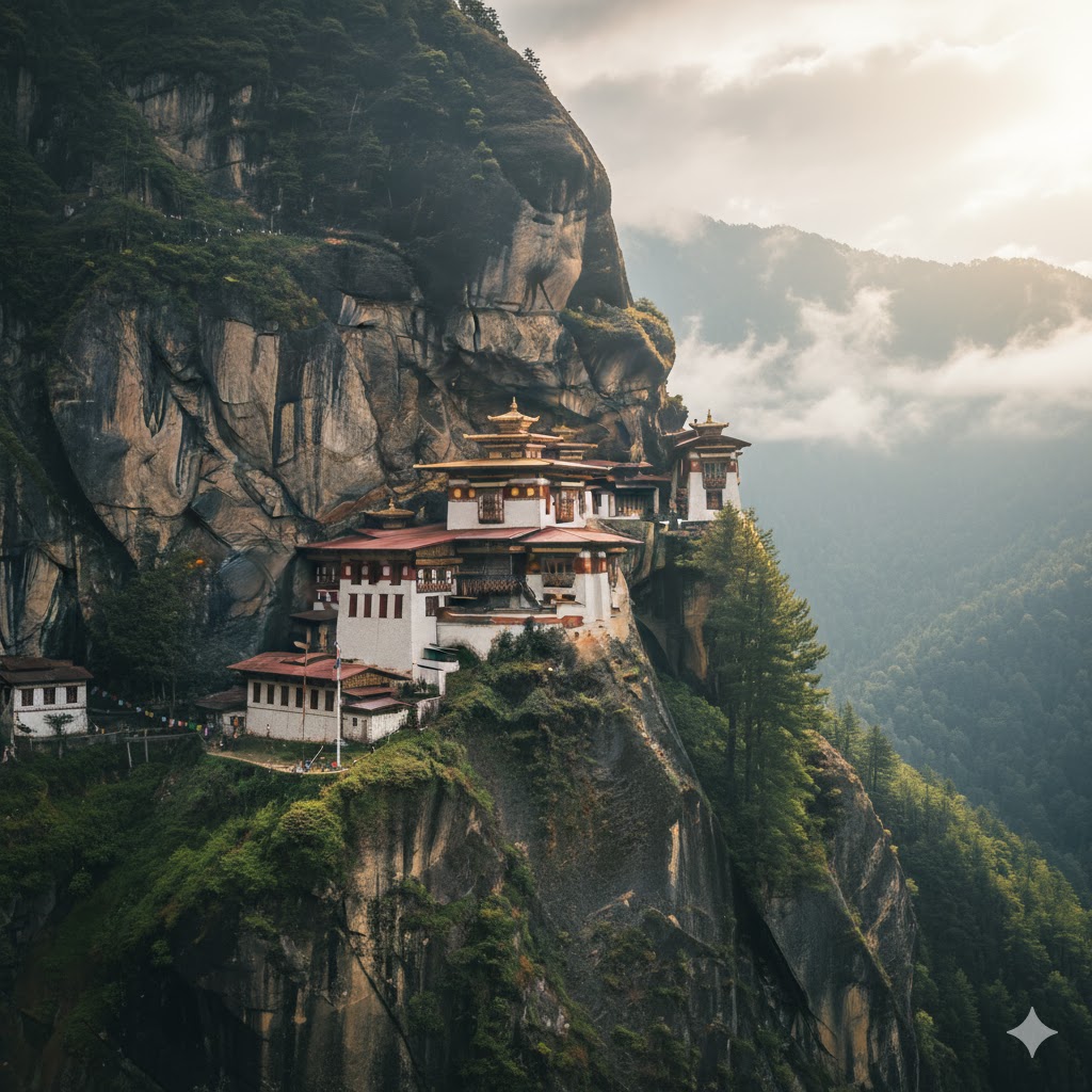 Tiger’s Nest Monastery perched on cliff in Bhutan with lush mountains