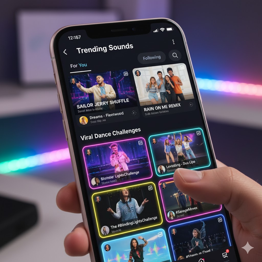 TikTok app screen showing trending sounds and viral dance challenges representing algorithmic music discovery