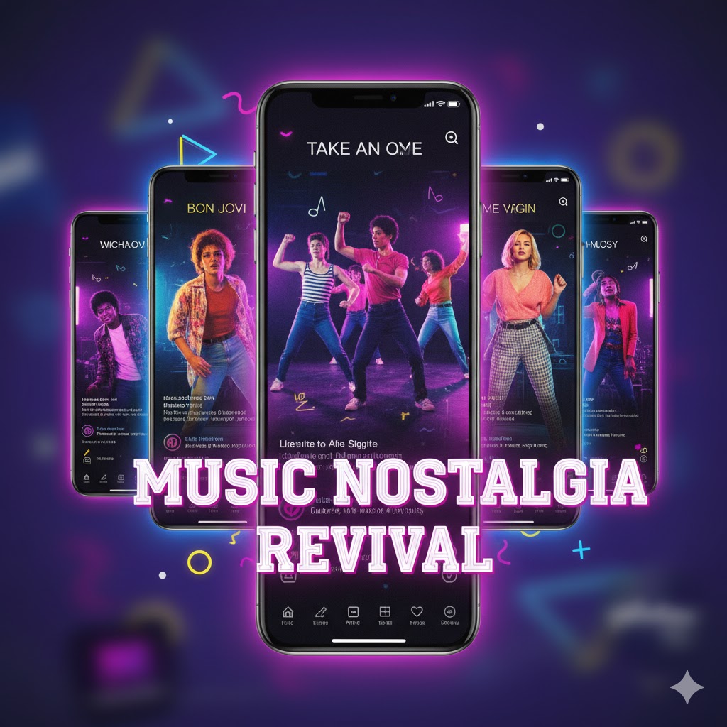 TikTok clips using classic 80s songs with overlay text about music nostalgia revival.