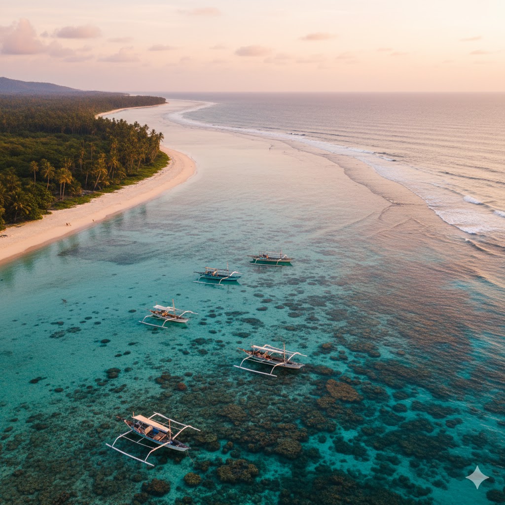 Timor-Leste beach with coral reef and fishing boats