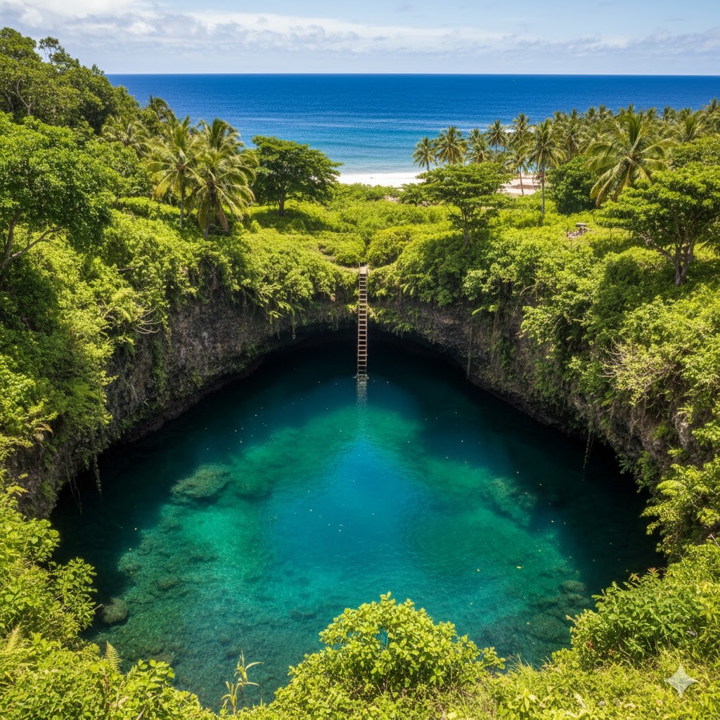 To Sua Ocean Trench surrounded by lush green cliffs and blue lagoon, Samoa.