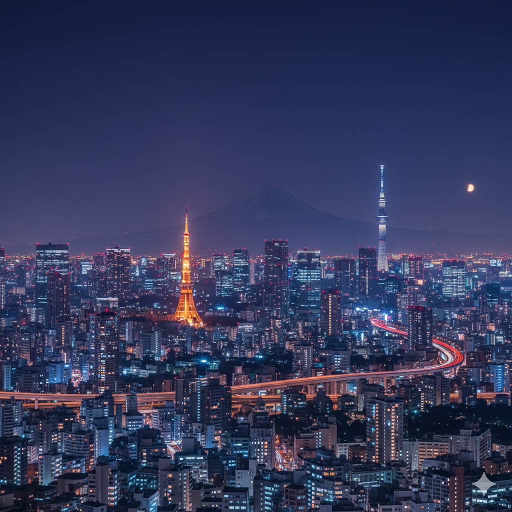 Tokyo skyline at night with Mount Fuji backdrop, Japan