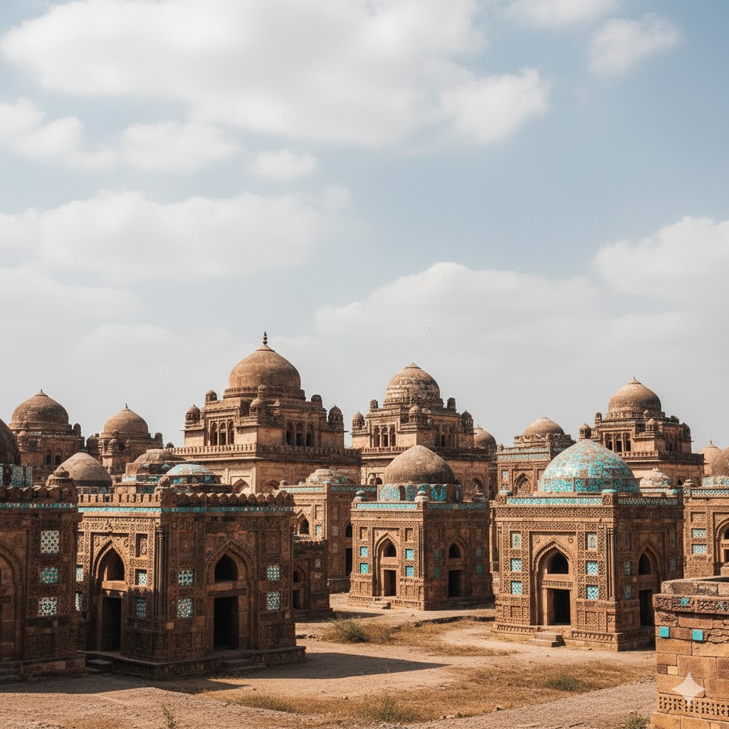 Tombs of Makli Necropolis with blue tiles and sandstone carvings under the open sky.