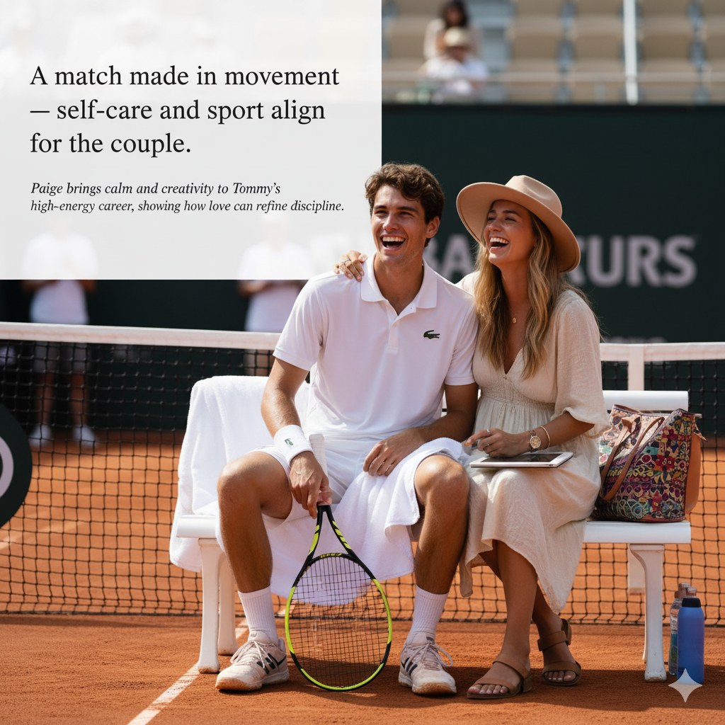 Tommy Paul and Paige Lorenze laugh together courtside