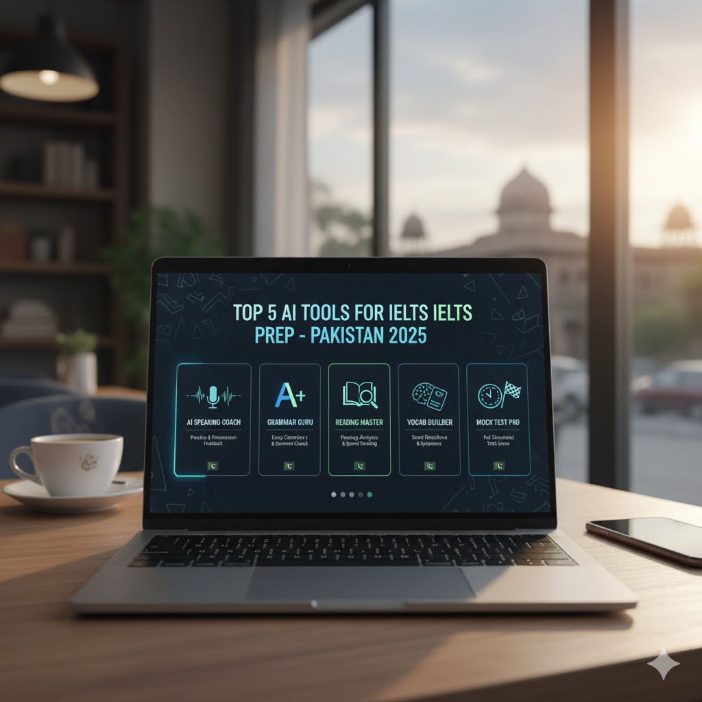 Top AI tools for IELTS preparation shown on laptop screen – 2025 Pakistan