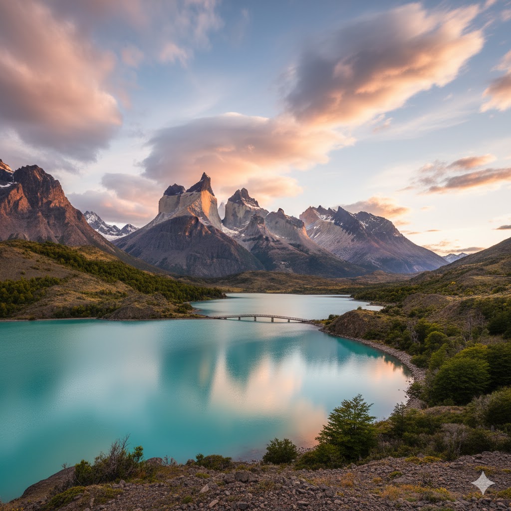 Torres del Paine mountains and blue lake, Chile