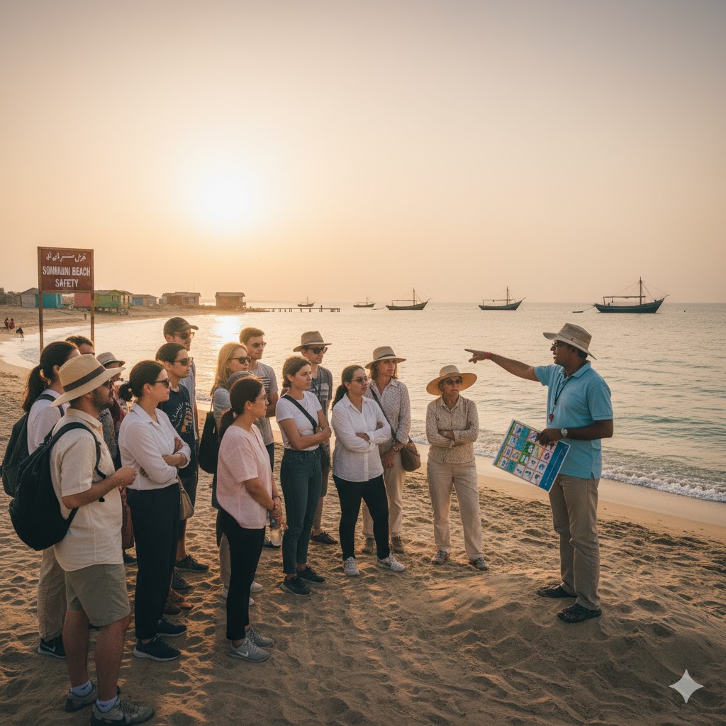 Tour guide briefing a group of visitors about beach safety near Sonmiani shore. 