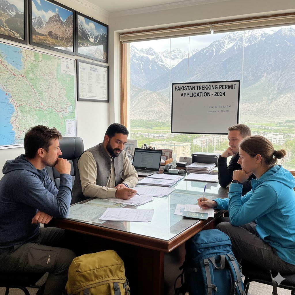 Tour operator assisting foreign trekkers with Pakistan trekking permit forms in office