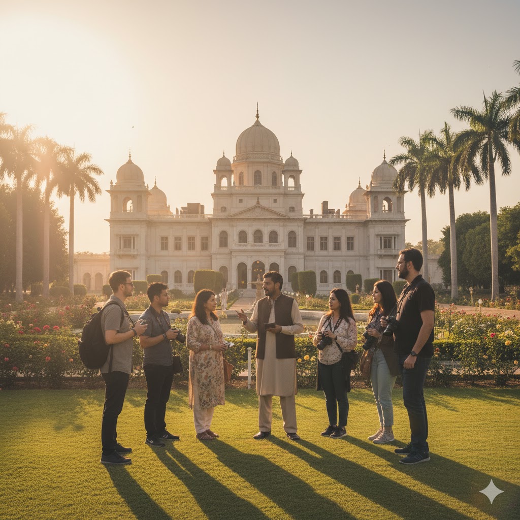 Tourist Q&A session with guide at Noor Mahal gardens, Bahawalpur, Pakistan.