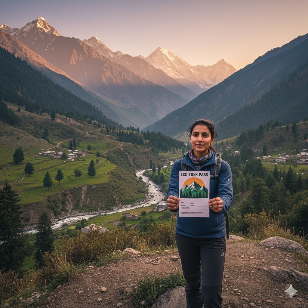 Tourist holding Eco Trek Pass card with background of Neelum River valley and pine forest