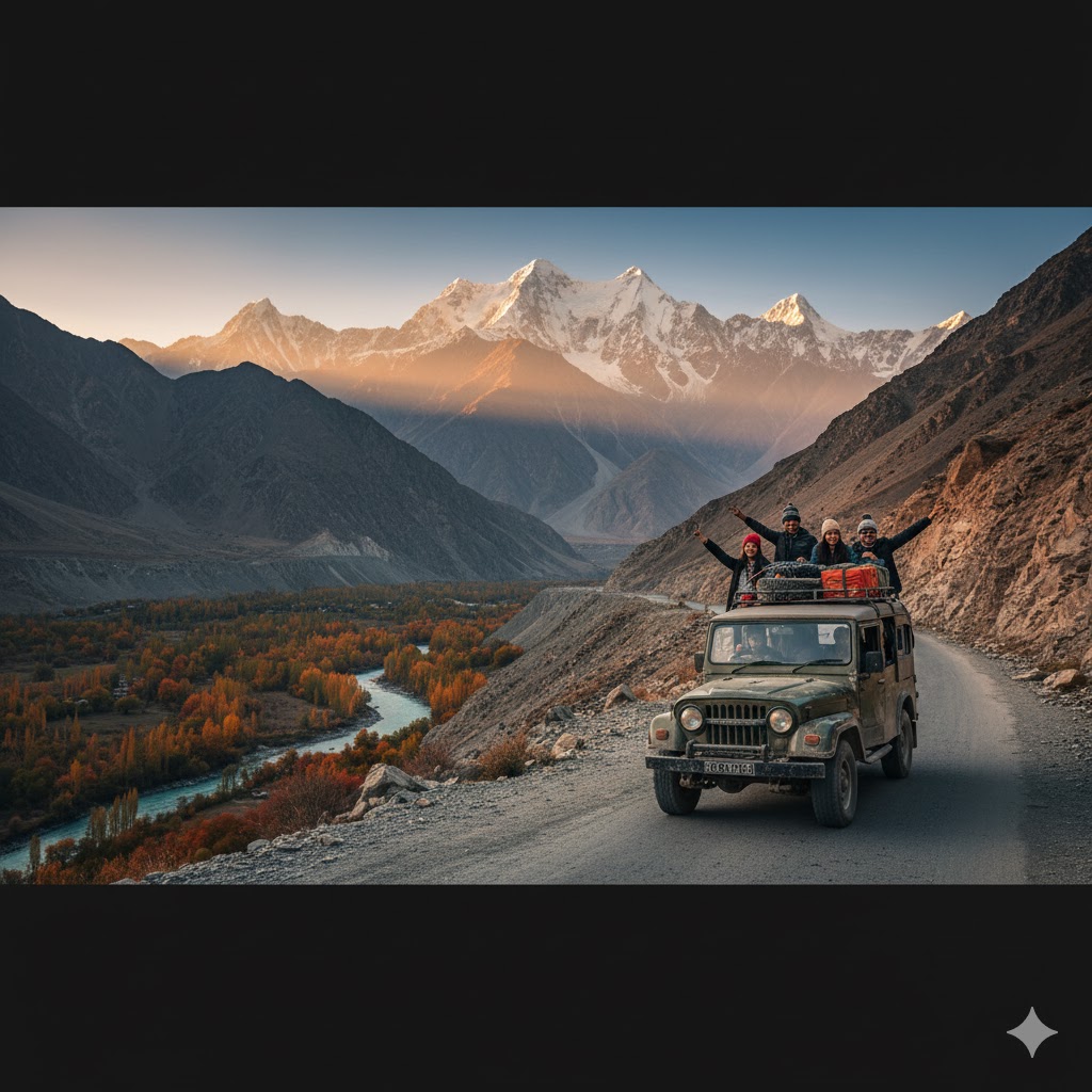 Tourist jeep on Karakoram Highway approaching Hunza with mountains in view.